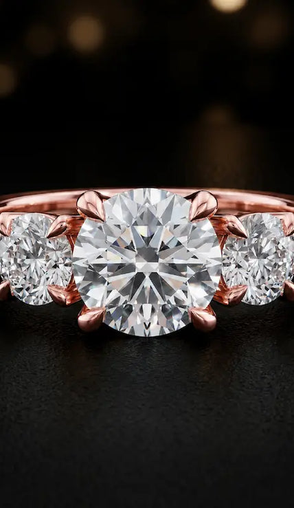 Front view of a round cut three-stone lab-grown diamond engagement ring in 18kt rose gold with diamond shoulders