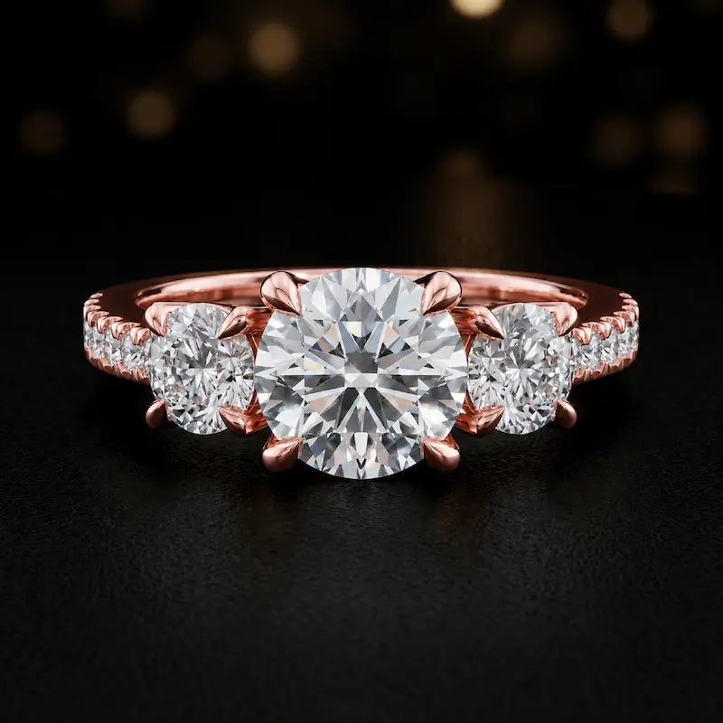 Front view of a round cut three-stone lab-grown diamond engagement ring in 18kt rose gold with diamond shoulders