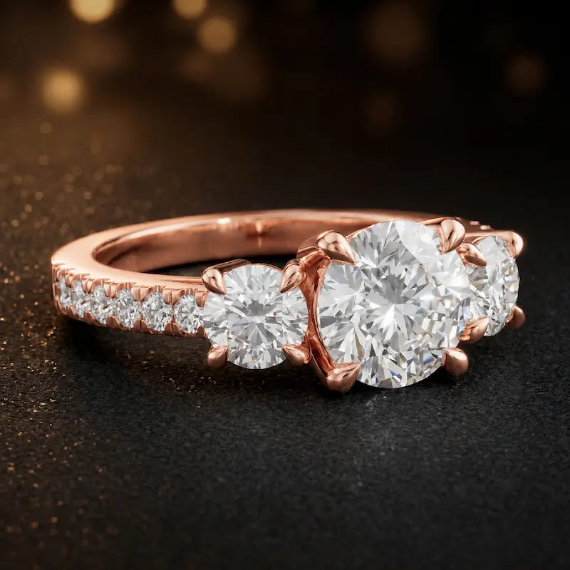 Side view of a round cut three-stone lab-grown diamond engagement ring in 18kt rose gold with diamond shoulders
