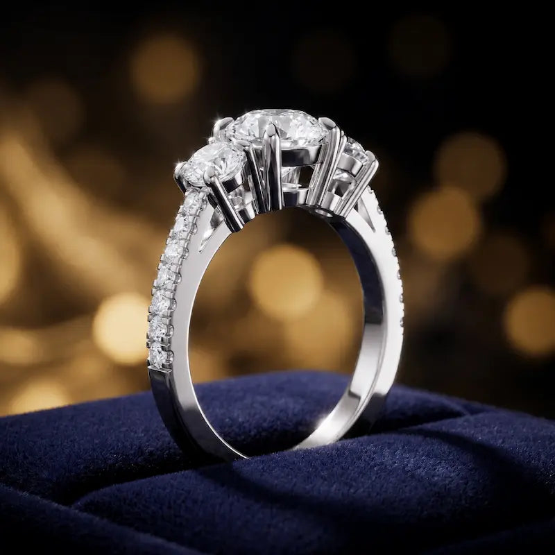 Angled view of a round cut three-stone lab-grown diamond engagement ring in 18kt white gold with diamond shoulders