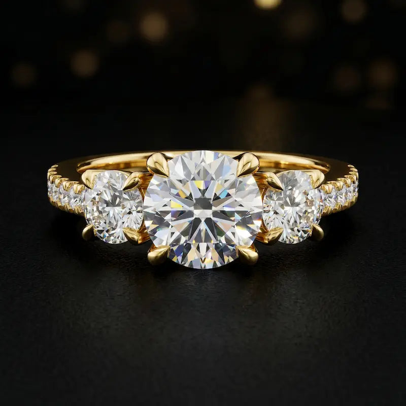 Front view of a round cut three-stone lab-grown diamond engagement ring in 18kt yellow gold with diamond shoulders