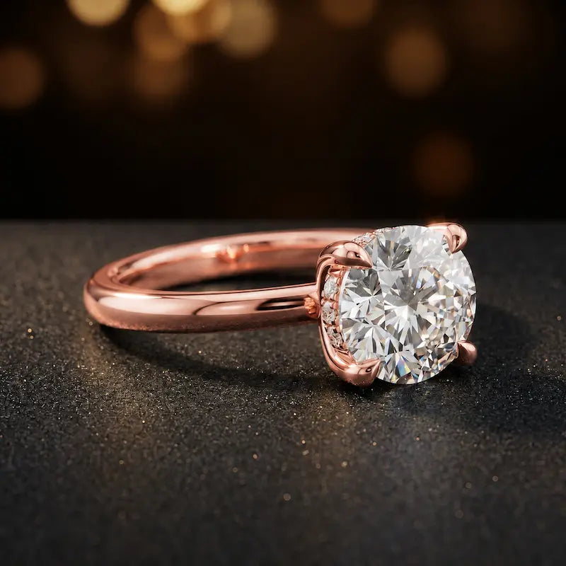 Angled view of 4-claw round cut engagement ring with hidden halo in 18kt rose gold