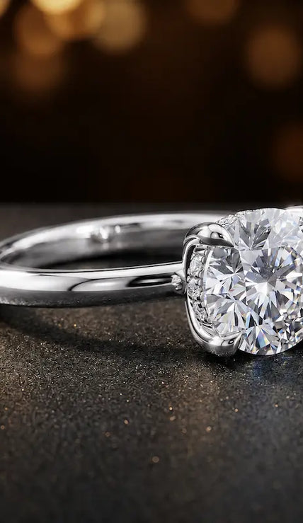 Angled view of 4-claw round cut engagement ring with hidden halo in 18kt white gold