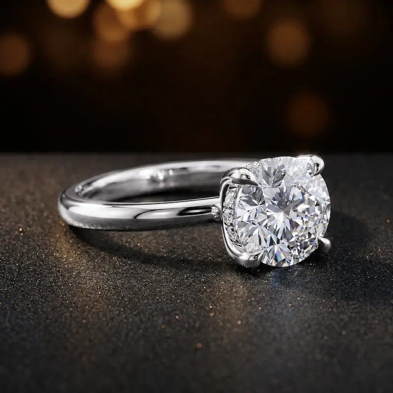Angled view of 4-claw round cut engagement ring with hidden halo in 18kt white gold
