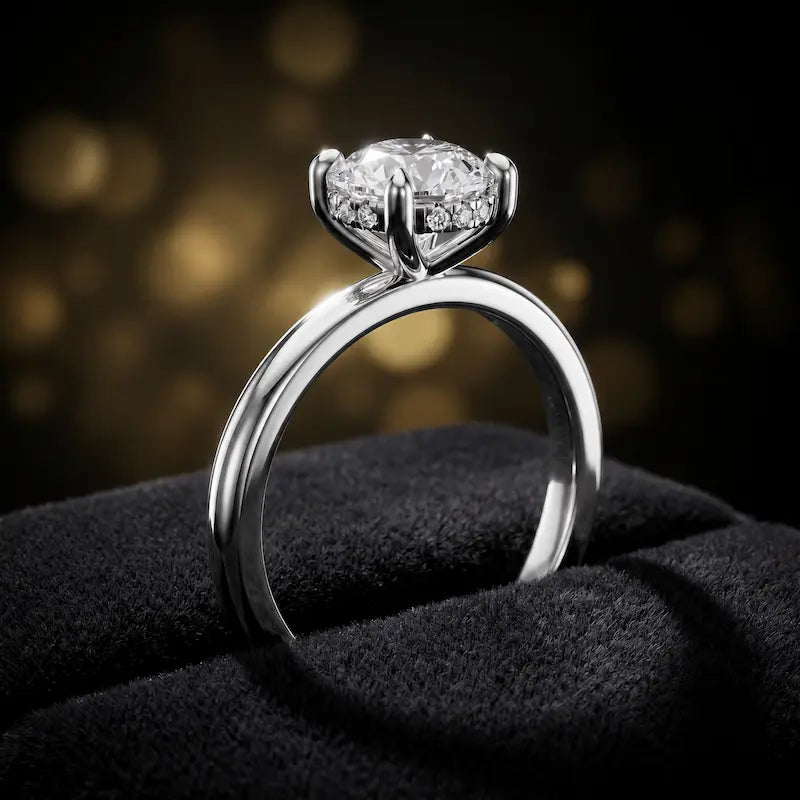 Side view of 4-claw round cut engagement ring with hidden halo in 18kt white gold
