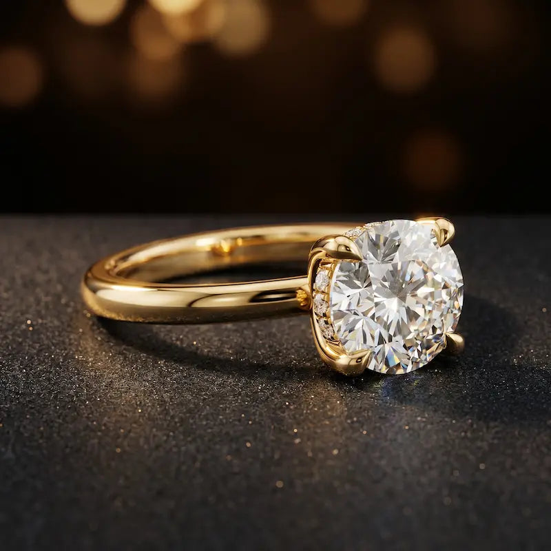 Angled view of 4-claw round cut engagement ring with hidden halo in 18kt yellow gold
