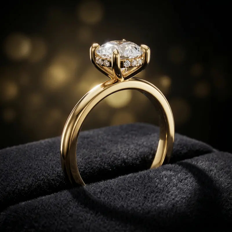 Side view of 4-claw round cut engagement ring with hidden halo in 18kt yellow gold