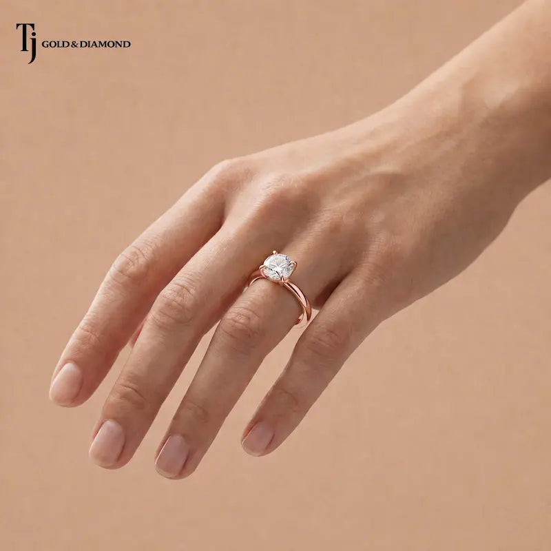 1.5 carat round cut lab-grown diamond solitaire engagement ring in 18kt rose gold worn on hand