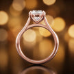 Front-on view of a 1.5 carat round brilliant cut diamond solitaire engagement ring showing the full 18kt rose gold band and 4 claw cathedral setting by TJ Diamond
