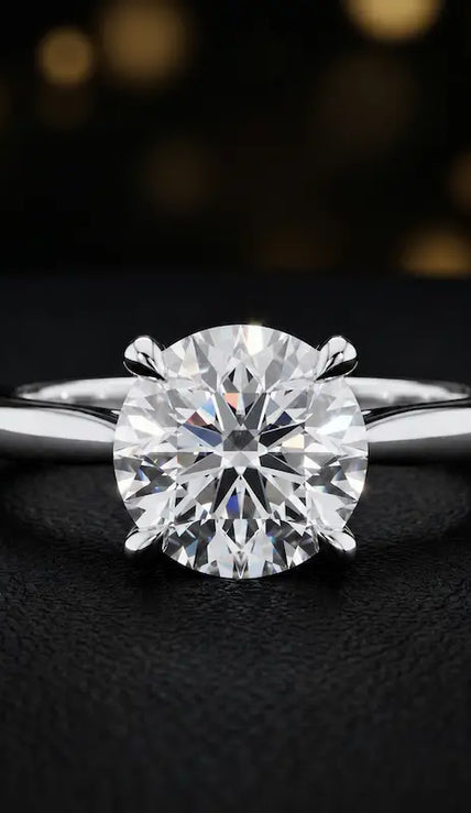 Front view of a 1.5 carat round brilliant cut diamond solitaire engagement ring in an 18kt white gold 4 claw setting by TJ Diamond