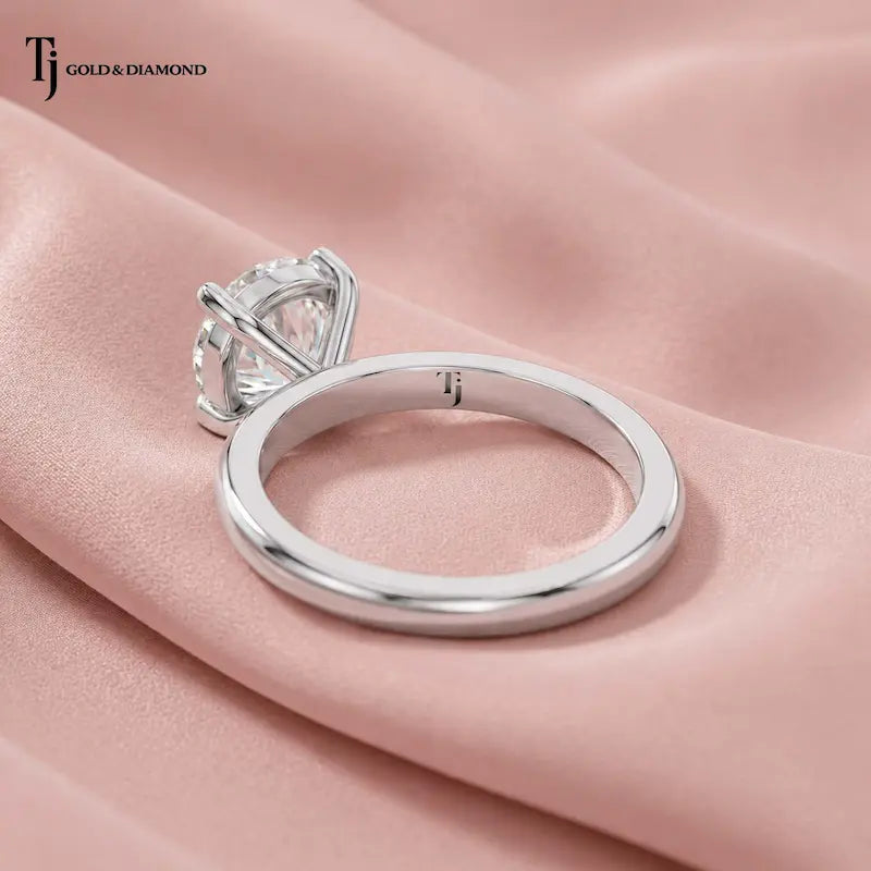 Back view of a 1.5 carat round cut lab-grown diamond solitaire engagement ring in 18kt white gold