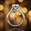 Front-on view of a 1.5 carat round brilliant cut diamond solitaire engagement ring showing the full 18kt white gold band and 4 claw cathedral setting by TJ Diamond