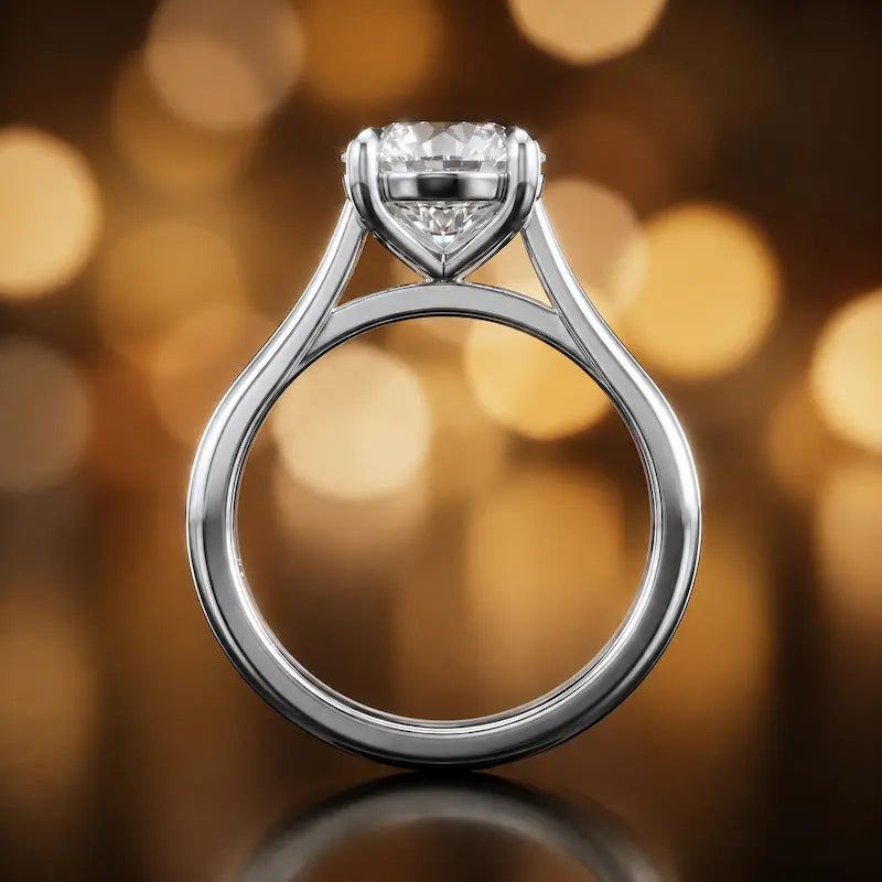 Front-on view of a 1.5 carat round brilliant cut diamond solitaire engagement ring showing the full 18kt white gold band and 4 claw cathedral setting by TJ Diamond