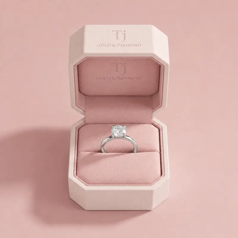 1.5 carat round cut lab-grown diamond solitaire engagement ring in 18kt white gold in a TJ Diamond box