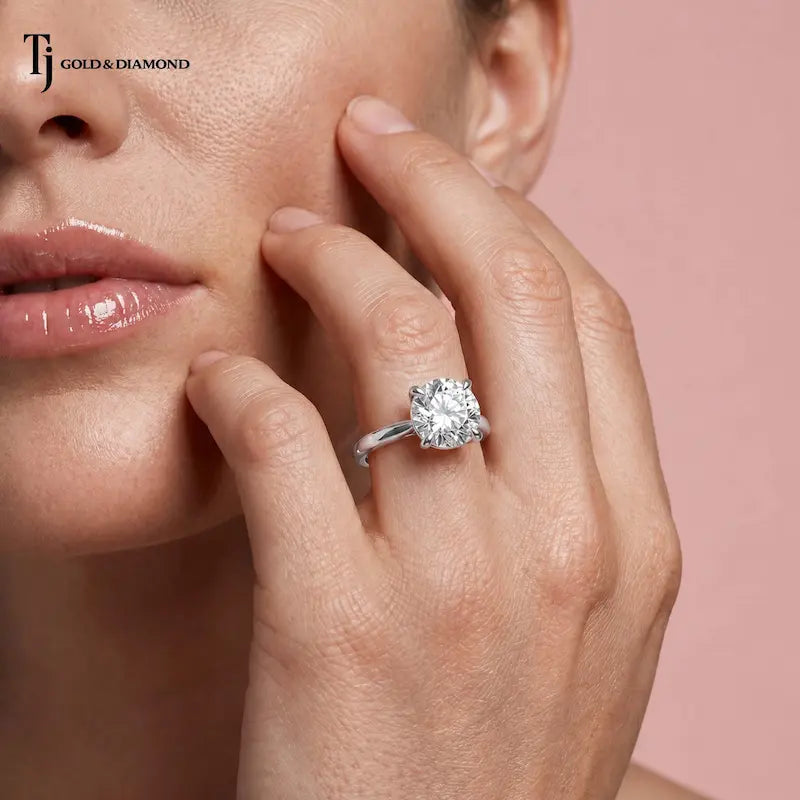 1.5 carat round cut lab-grown diamond solitaire engagement ring in 18kt white gold on model