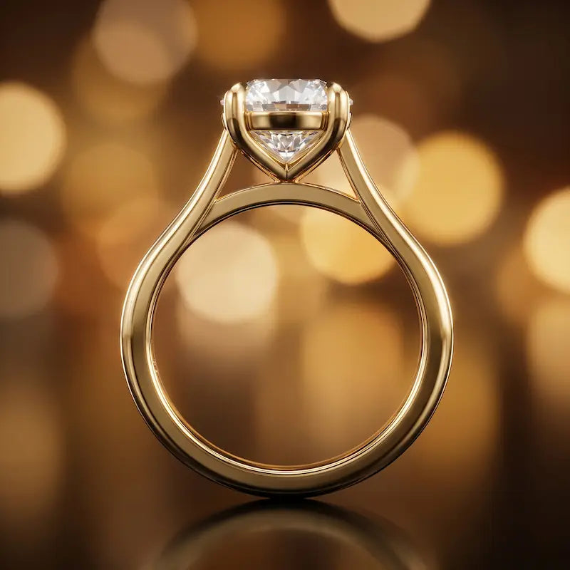 Front-on view of a 1.5 carat round brilliant cut diamond solitaire engagement ring showing the full 18kt yellow gold band and 4 claw cathedral setting by TJ Diamond