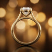 Front-on view of a 1.5 carat round brilliant cut diamond solitaire engagement ring showing the full 18kt yellow gold band and 4 claw cathedral setting by TJ Diamond