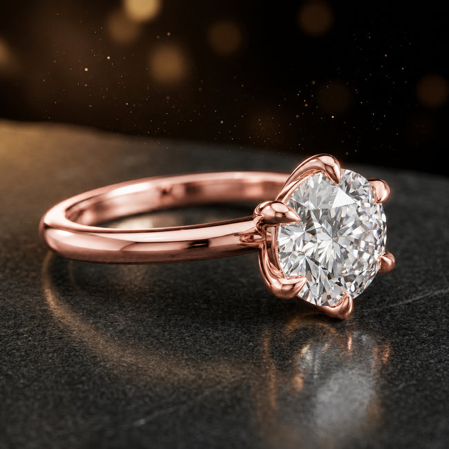 Anillo de diamantes solitario de talla redonda de 6 garras - Oro rosa