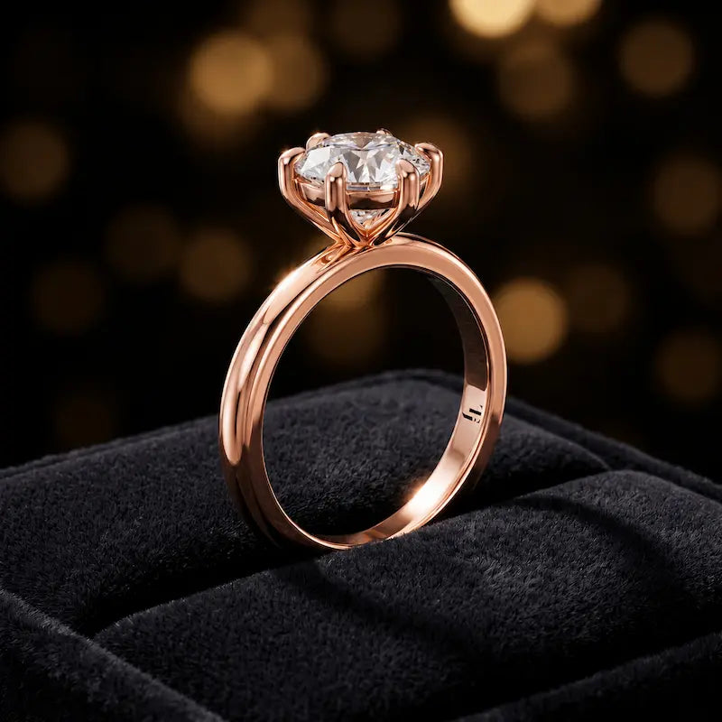 Front-on view of a 1.5 carat round brilliant cut diamond solitaire engagement ring presented in a TJ Diamond ring box, showing the full 18kt rose gold band and 6 claw cathedral setting