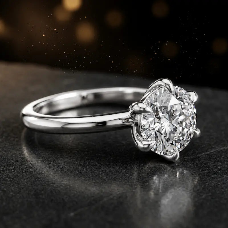 Front-on view of a 1.5 carat round brilliant cut diamond solitaire engagement ring presented in a TJ Diamond ring box, showing the full 18kt white gold band and 6 claw cathedral setting