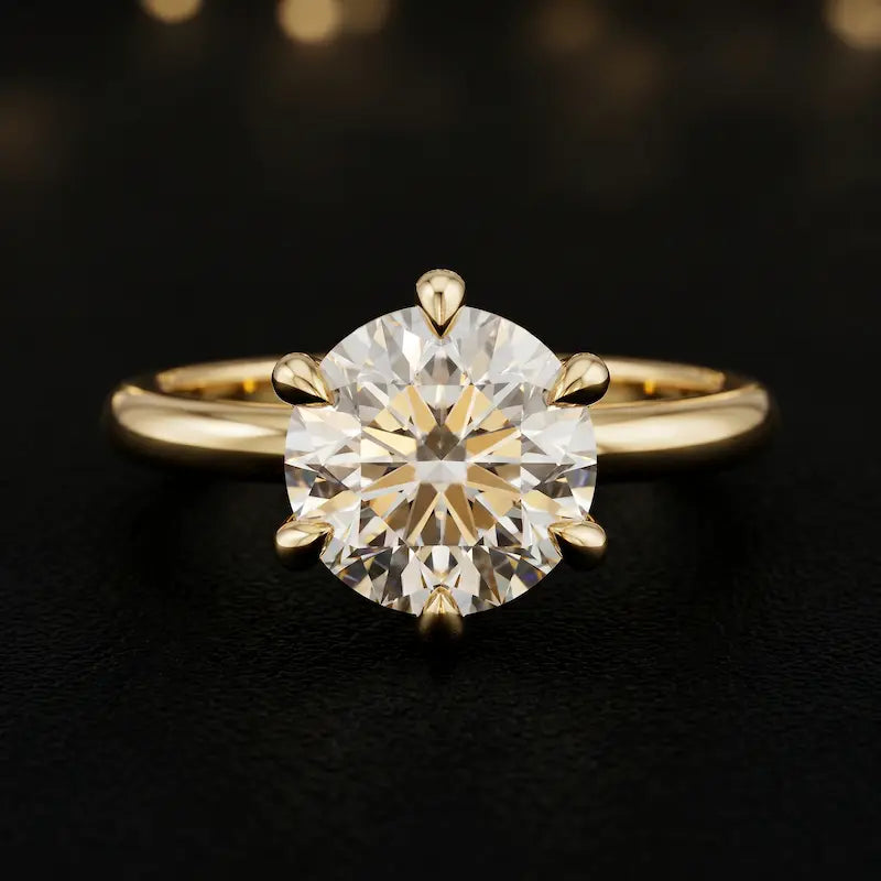 Front view of a 1.5 carat round brilliant cut diamond solitaire engagement ring in an 18kt yellow gold 6 claw setting by TJ Diamond