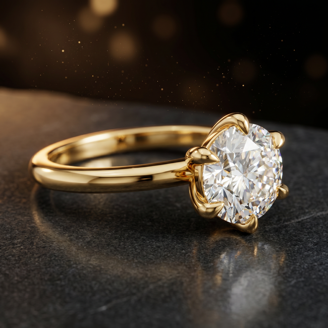 6-Claw Round Cut Solitaire Diamond Ring - Yellow Gold
