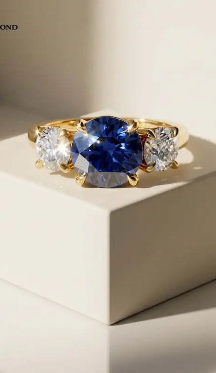 Round Cut Lab-Created Blue Sapphire & Lab-Grown Diamond Trilogy Ring in 18kt yellow gold featuring a royal blue round sapphire with round brilliant lab-grown diamond side stones.