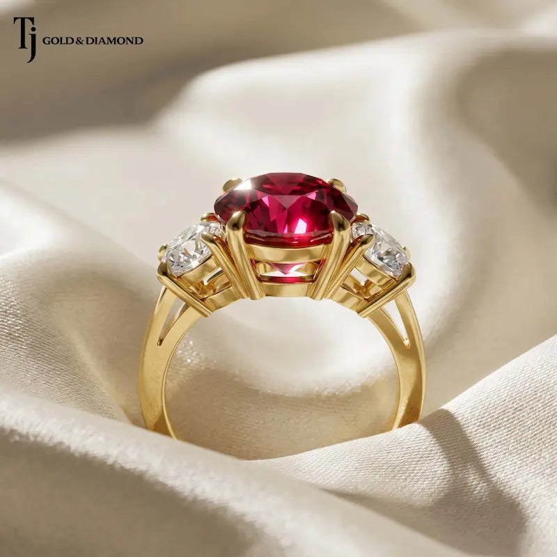 Rear view of a round brilliant lab-created ruby trilogy engagement ring in 18kt yellow gold showcasing the open four claw basket setting and round brilliant lab-grown diamond side stones.