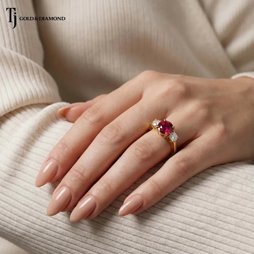 Hand wearing a round brilliant lab-created ruby trilogy engagement ring in 18kt yellow gold with round brilliant lab-grown diamond side stones.