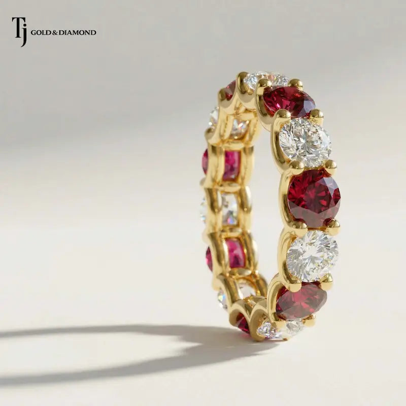 Created Ruby & Diamond Full Eternity Ring – 18kt Yellow Gold