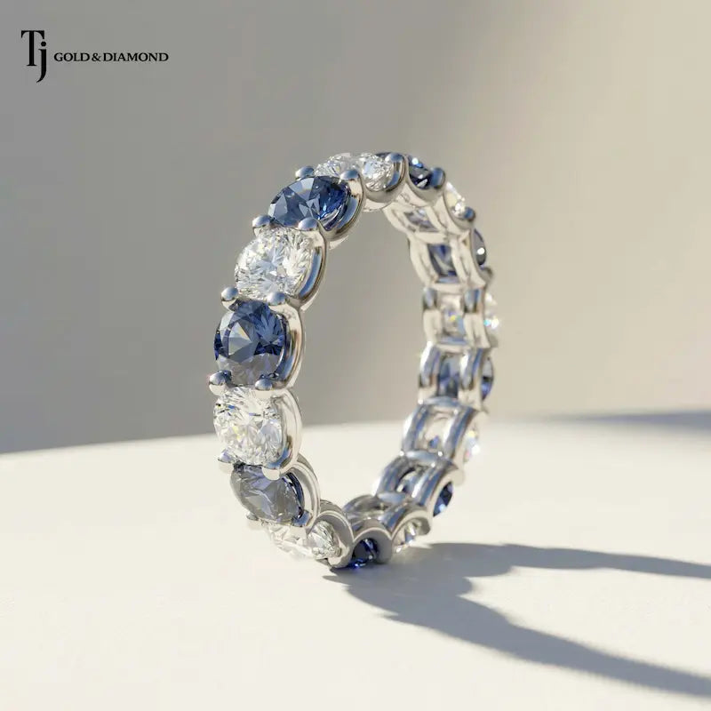 Side View of Created Sapphire & Lab-Grown Diamond Full Eternity Ring in 18kt White Gold