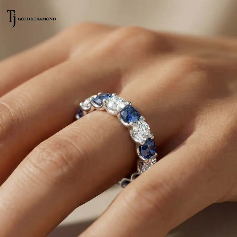 Created Sapphire & Lab-Grown Diamond Full Eternity Ring in 18kt White Gold worn on hand.
