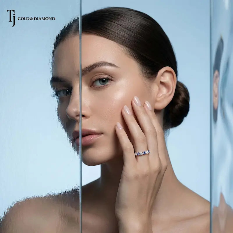 Alternating Lab-Created Sapphire & Lab-Grown Diamond Half Eternity Ring worn by model in 18kt white gold.