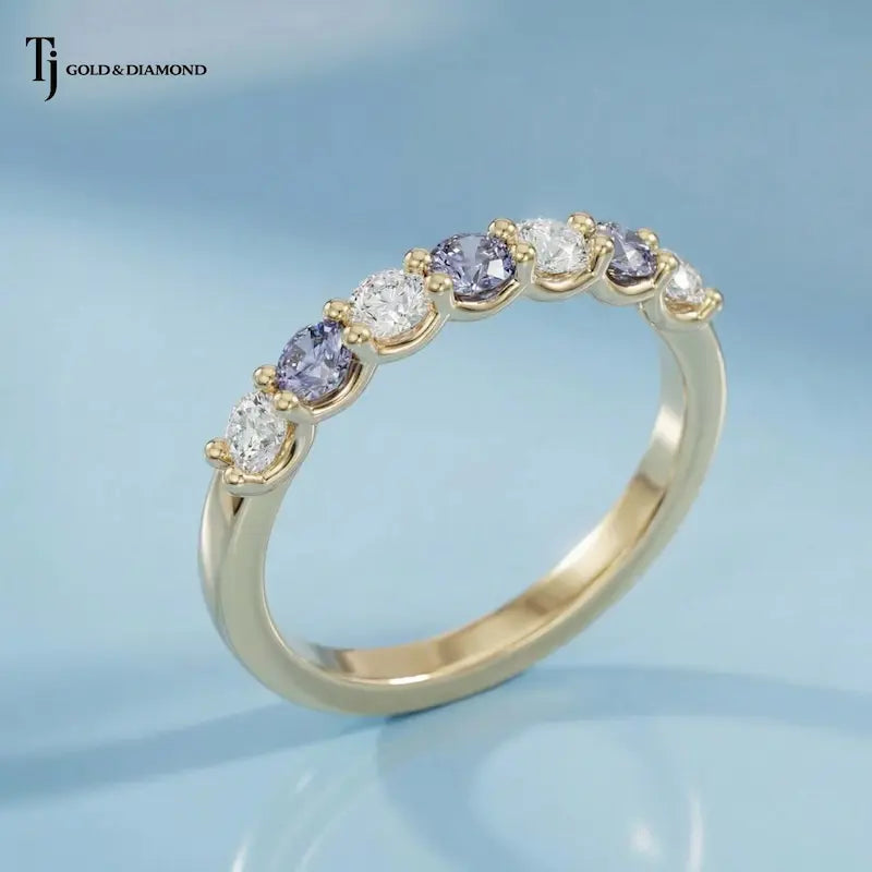 Alternating Sapphire & Lab-Grown Diamond Half Eternity Ring in 18kt Yellow Gold handcrafted by TJ Gold & Diamond.