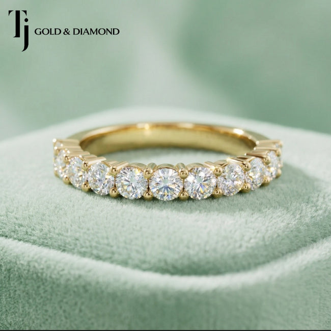 Shared Prong Setting Half Eternity Diamond Wedding Band - 18K Yellow Gold