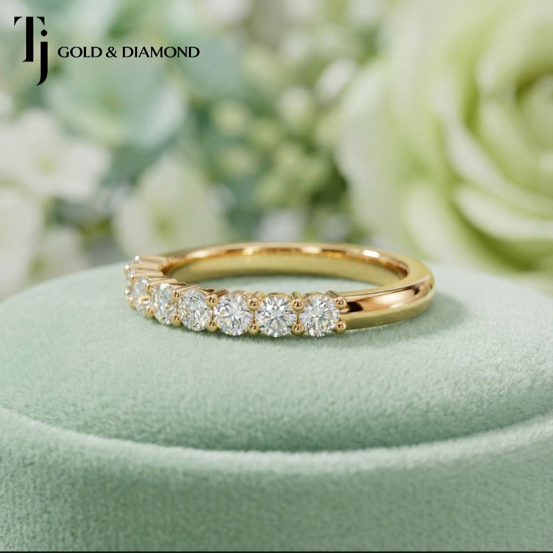 Shared Prong Setting Half Eternity Diamond Wedding Band - 18K Yellow Gold