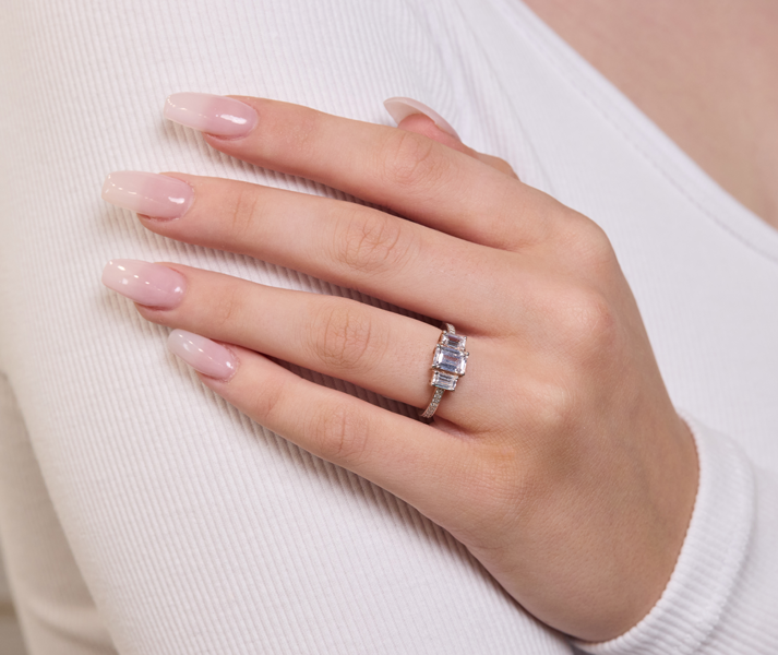 Three-Stone Emerald Cut Diamond Ring with Diamond Shoulders - Platinum