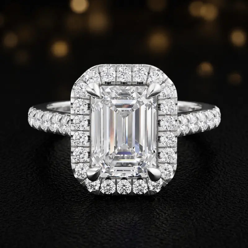 Front view of an emerald cut halo lab-grown diamond engagement ring in 18kt white gold.