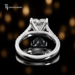 Back view of a heart cut split shank lab-grown diamond engagement ring in 18kt white gold.