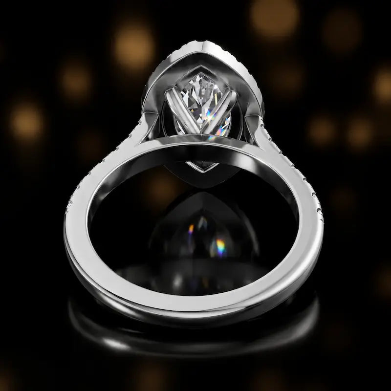 Rear view of a marquise cut halo lab-grown diamond engagement ring in 18kt white gold.
