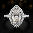Front view of a marquise cut halo lab-grown diamond engagement ring in 18kt white gold.