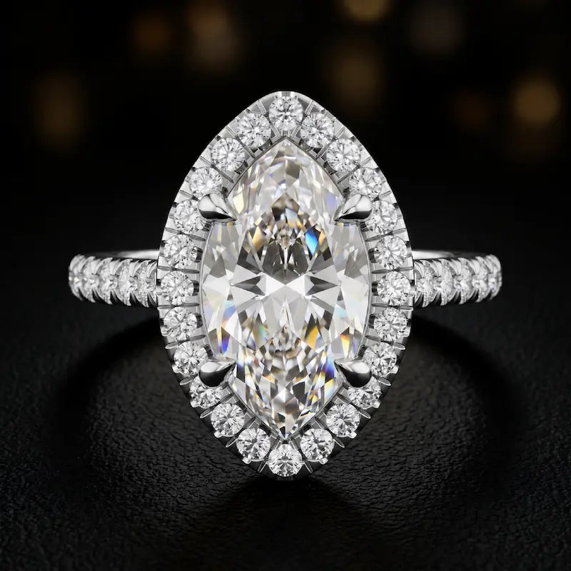 Front view of a marquise cut halo lab-grown diamond engagement ring in 18kt white gold.