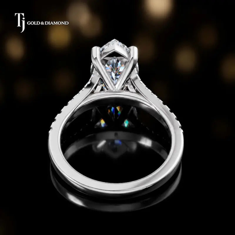 Back view of a marquise cut split shank lab-grown diamond engagement ring in 18kt white gold.