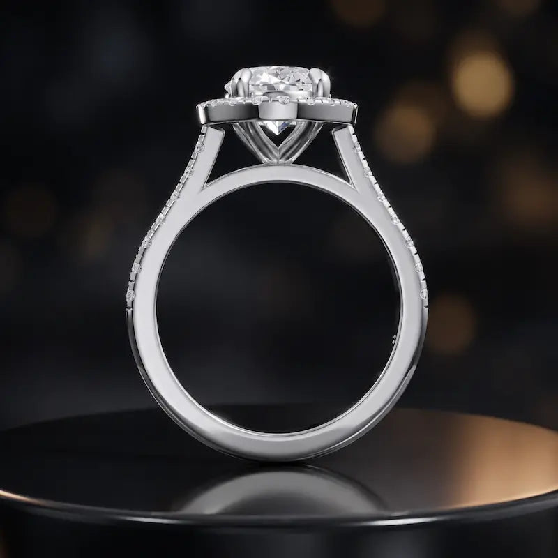 Side view of an oval cut halo lab-grown diamond engagement ring with diamond-set shoulders in 18kt white gold.