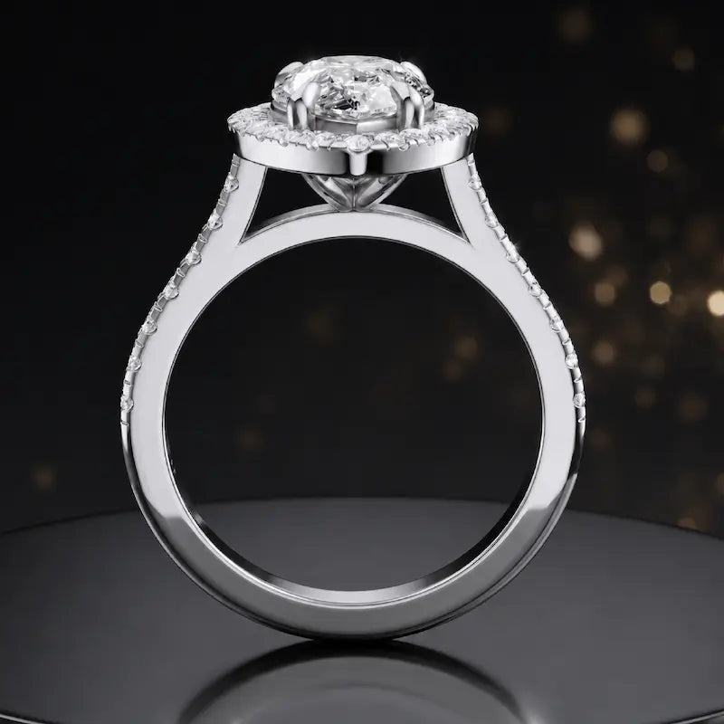 Side view of a pear cut halo lab-grown diamond engagement ring with diamond-set shoulders in 18kt white gold.
