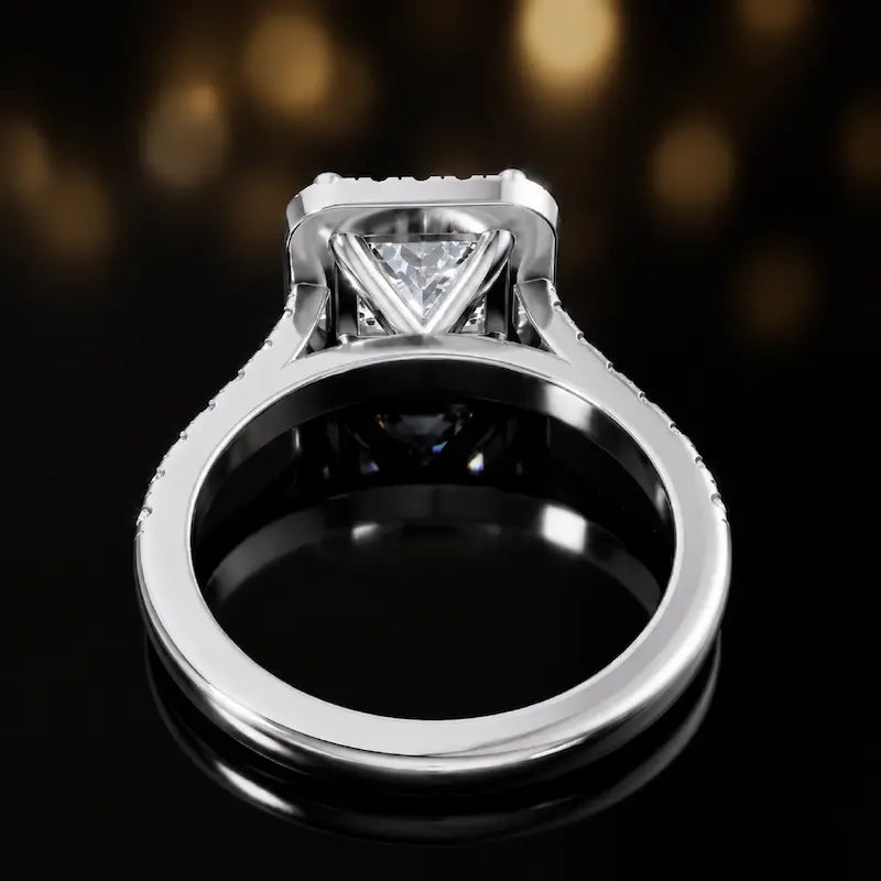 Rear view of a princess cut halo lab-grown diamond engagement ring in 18kt white gold.