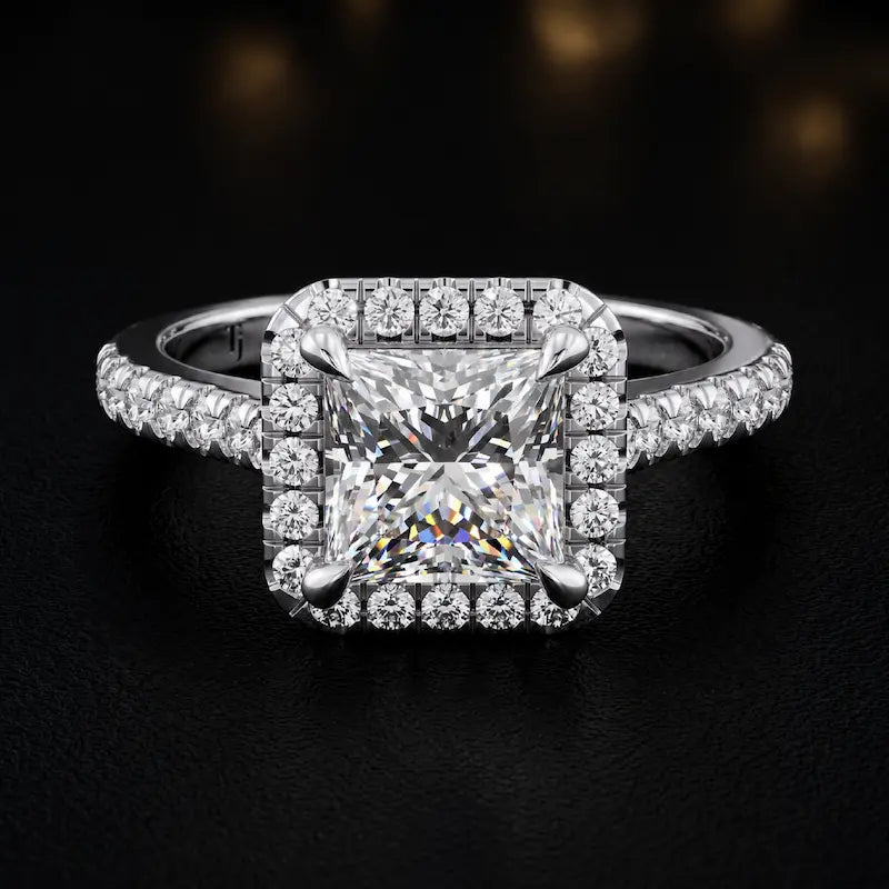 Front view of a princess cut halo lab-grown diamond engagement ring in 18kt white gold.