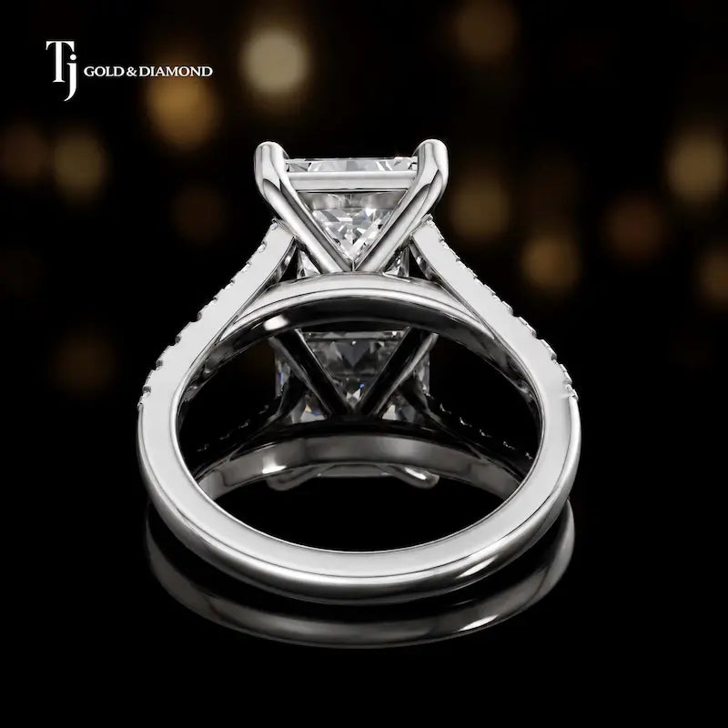 Back view of a princess cut split shank lab-grown diamond engagement ring in 18kt white gold.