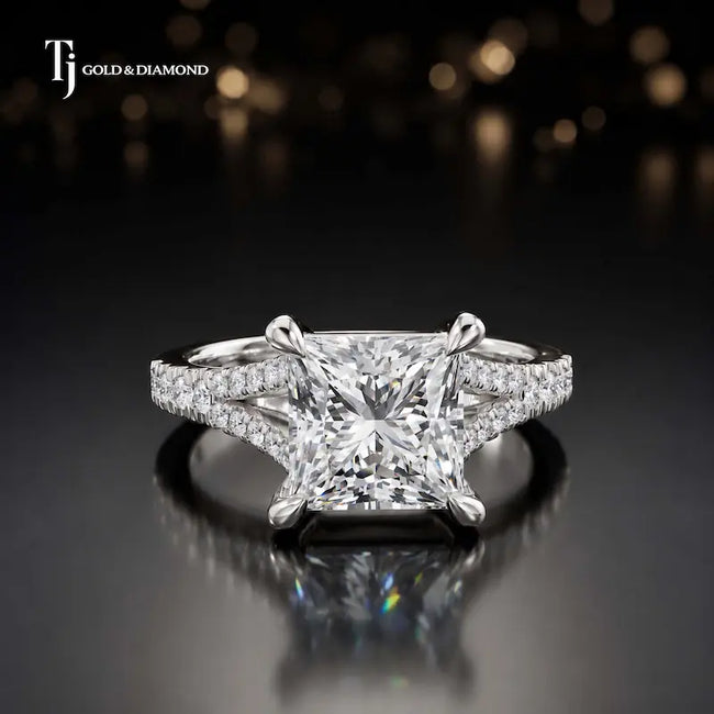 Front view of a princess cut split shank lab-grown diamond engagement ring in 18kt white gold.