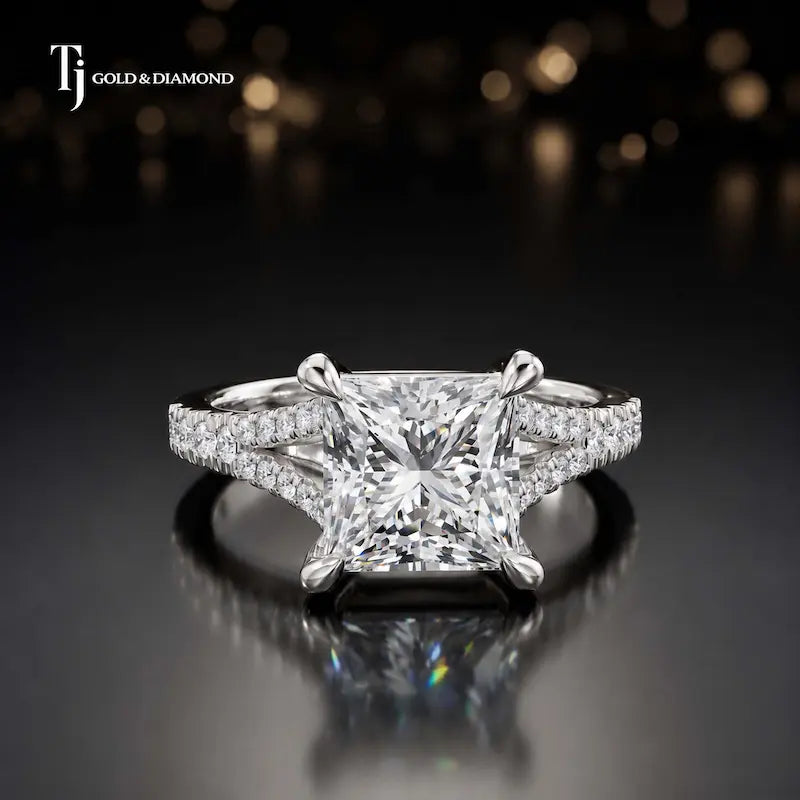 Front view of a princess cut split shank lab-grown diamond engagement ring in 18kt white gold.